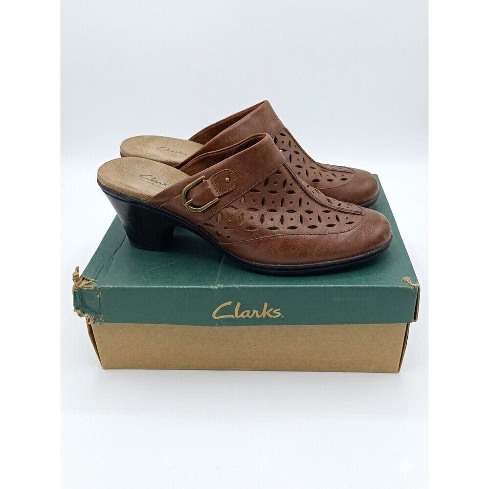 Clarks Bendables Caraway Star Brown Leather Cutout Mule Clogs Women's Size 9 M